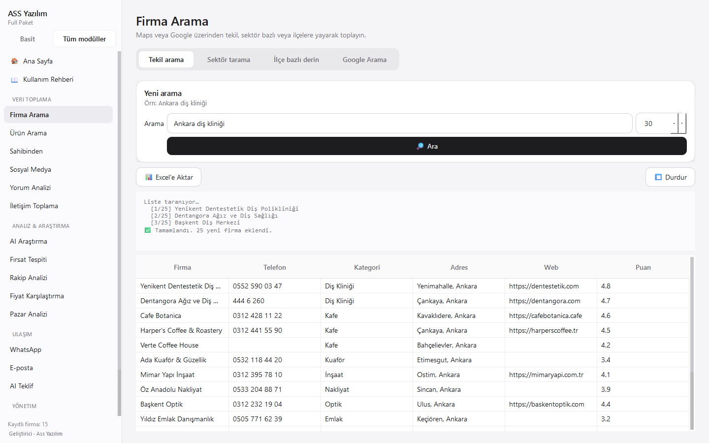 Firma Arama ekranı