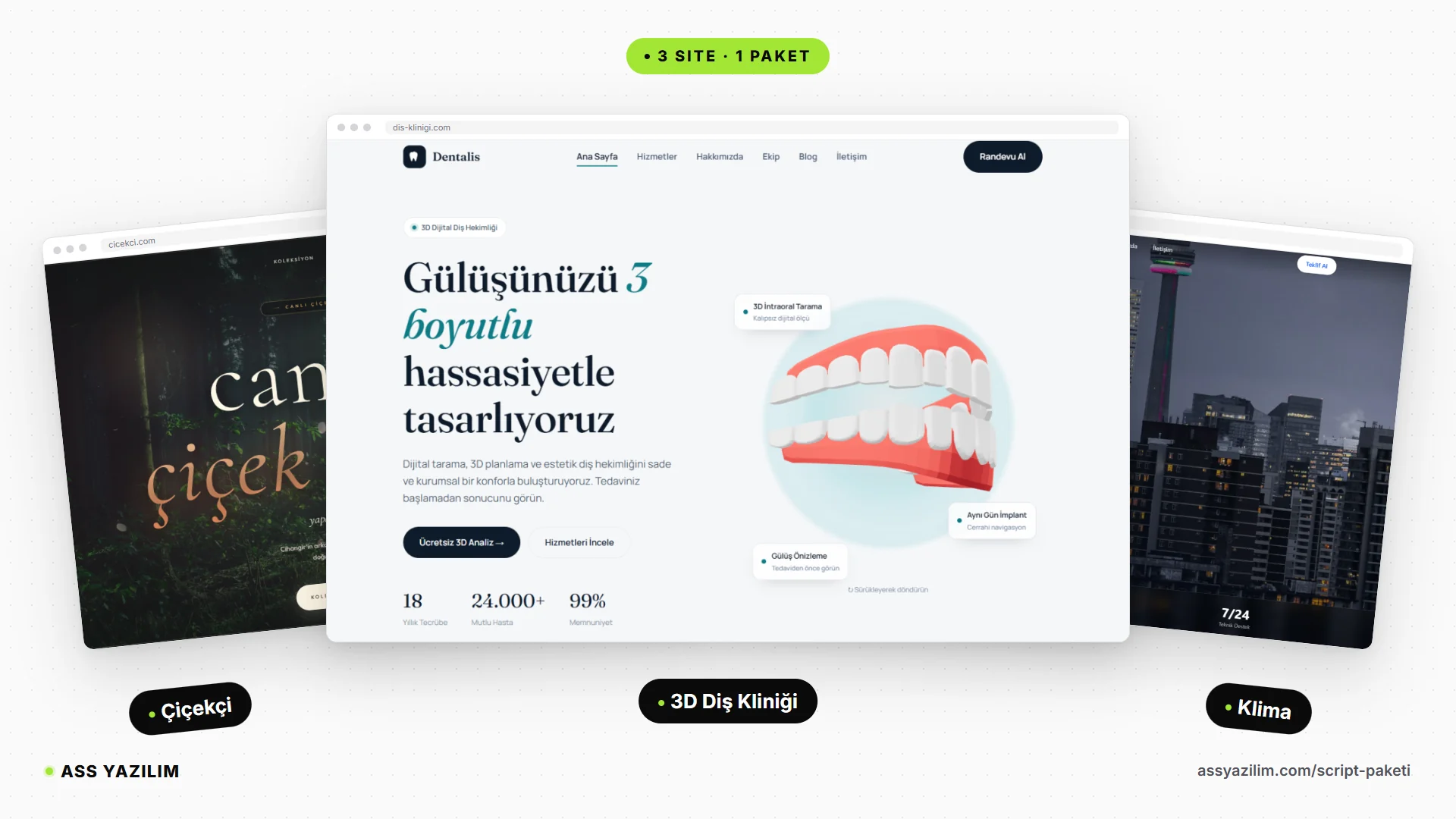 Script Paketi: 3D Diş Kliniği, Çiçekçi ve Klima web siteleri